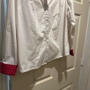 White Button-Up Shirt with Red Cuffs